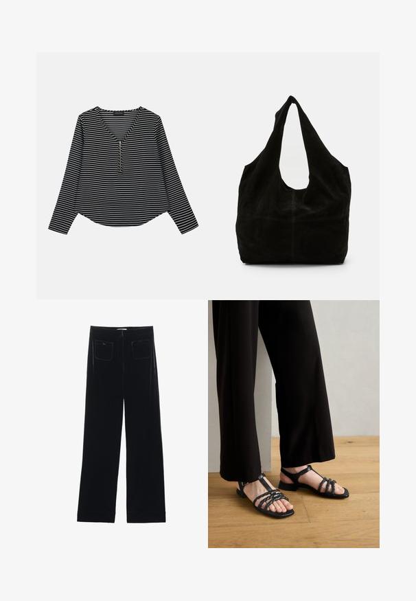 Zwart-witte gestreepte longsleeve top met een v-hals en een rits in het midden. De stof lijkt glad, met een ontspannen, iets cropped pasvorm.; Zwarte fluwelen wijde broek met twee achterzakken en een gladde textuur, met een rechte snit en afgewerkte zoom bij de enkels.; Gabor Comfort Sandalen - schwarz/gold; Zwarte suède schoudertas met een slouchy ontwerp, een brede, gebogen schouderriem en een naadloze uitstraling met minimale stiksels.