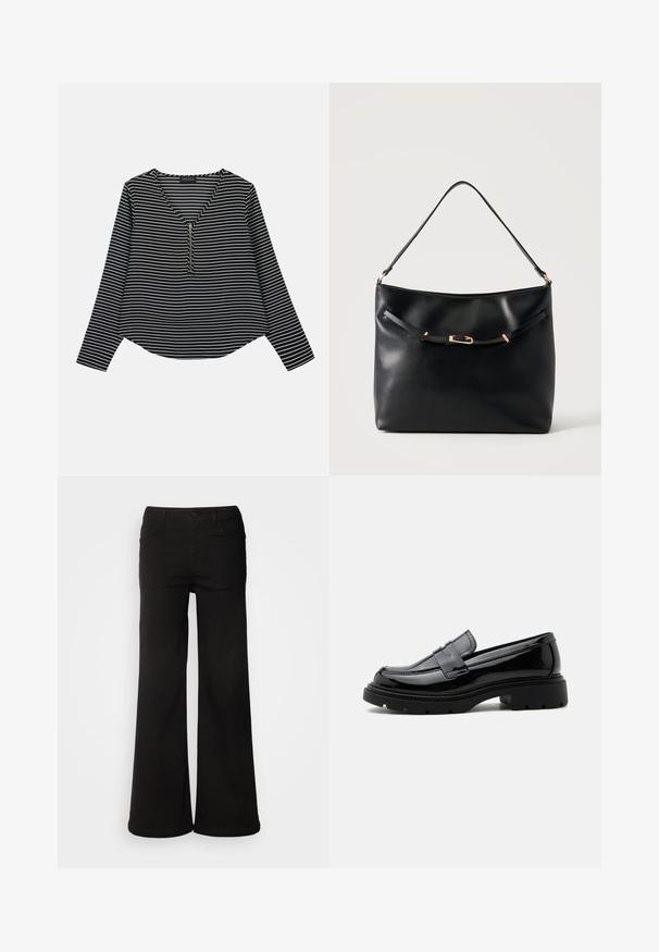 Sort-hvide stribede langærmede trøje med v-hals og en midterskide. Stoffet ser glat ud, med en afslappet, let cropped pasform.; Sorte brede bukser lavet af denimstof, med frontlommer, knaplukning og en glat tekstur med en ren finish.; Sort skinnende læderloafer med kraftig sål og pennyrem, vist i sideprofil på en ensfarvet hvid baggrund.; Sort skuldertaske i læder med en enkel strop og en lille guldlåsdetalje foran mod en ensfarvet lys baggrund.