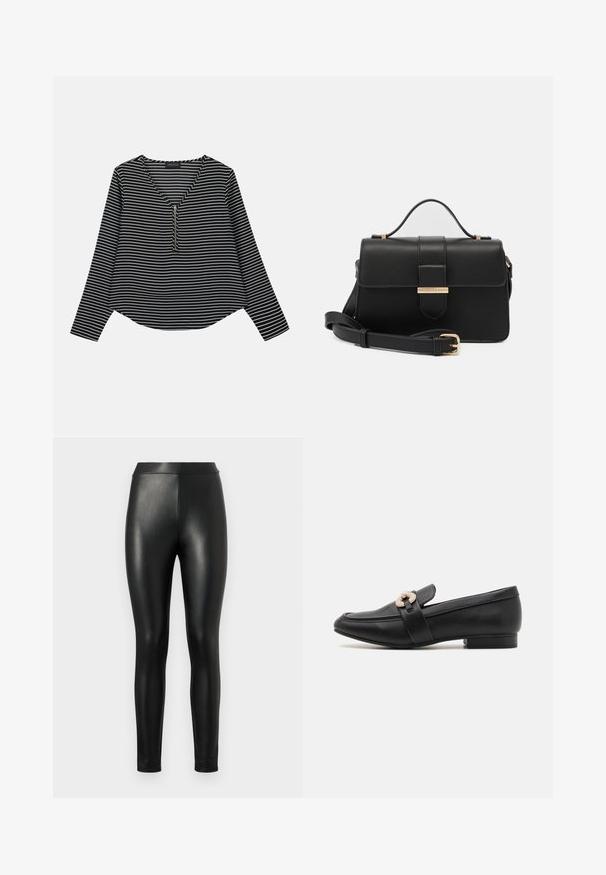 Sort-hvide stribede langærmede trøje med v-hals og en midterskide. Stoffet ser glat ud, med en afslappet, let cropped pasform.; Sorte faux læder leggings med en glat tekstur, høj talje og tætsiddende pasform, designet til en strømlinet silhuet.; Sort læder mokkasin med lav hæl, der har en guldfarvet dekoreret rem over vristen og et glat, strømlinet design.; Sort læderhåndtaske med gyldne metalaccenter, rektangulær form, flaplukning, justerbar skulderrem, glat tekstur, minimalistisk design.