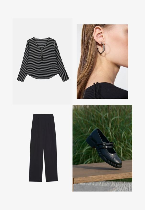 Top de manga larga a rayas blanco y negro con escote en V y cremallera en el centro. La tela parece suave, con un ajuste relajado y ligeramente corto.; Pantalones anchos negros de tela suave, con pliegues, cinturilla plana y sin bolsillos ni adornos visibles.; Zapato Mary Jane negro de cuero con dobles correas con hebillas y detalles brogue, flotando sobre un banco de madera con fondo de césped verde.; Pendiente de aro de plata con un acabado pulido, que presenta pequeños detalles en dorado y una forma redonda, llevado en el lóbulo.