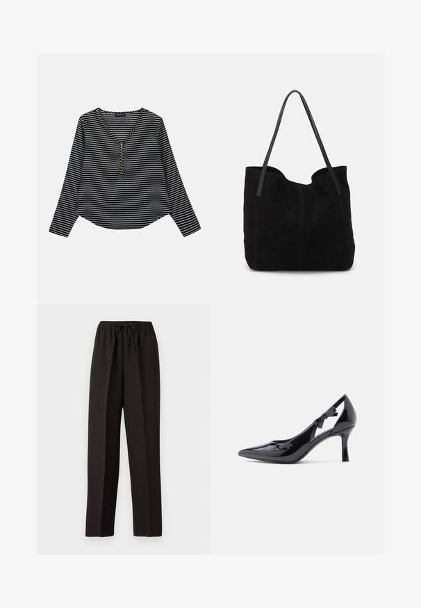 Top de manga larga a rayas blanco y negro con escote en V y cremallera en el centro. La tela parece suave, con un ajuste relajado y ligeramente corto.; Pantalones negros de pierna ancha con cintura elástica y cordón ajustable. Fabricados en un tejido suave y ligero sin patrones visibles.; Zapato de tacón alto de charol negro con punta afilada, correa en el tobillo adornada con un lazo y tacón stiletto delgado.; Bolso de mano de ante negro con dos correas de cuero largas y planas. Presenta un borde superior curvado y costuras visibles en la parte frontal. Sin acentos de metal.