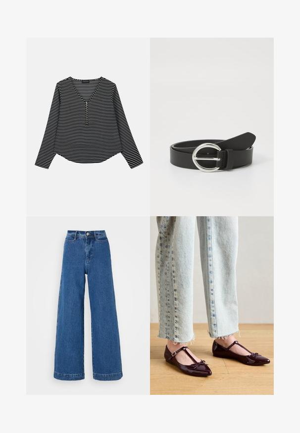 Haut à manches longues noir et blanc rayé avec un col en V et une fermeture éclair centrale. Le tissu semble lisse, avec une coupe décontractée et légèrement raccourcie.; Jean taille haute à jambes larges en denim bleu. Présente une fermeture à bouton à l'avant, cinq poches et des détails déchirés le long des bords.; Ballerines bordeaux brillantes avec une bride en T, ornées d'un nœud à l'avant. Portées avec un jean court en denim bleu clair.; Ceinture en cuir noir avec une boucle en argent rond, texture lisse et design épuré. La sangle est ajustable avec une extrémité pointue.