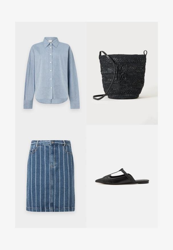 Heled sinine nööpidega särk kergest materjalist, millel on terav krae, pikad varrukad ja ringikujuline äär. Klassikalised nööbid.; Denim seelik vertikaalsete valgete triipudega, millel on vöökoht, esikotid ja sirge lõige. Sinine kangas, millel on veidi kulunud tekstuur.; Must kuulsad nahast kandadega kingad, millel on terav nina, koos kootud detaili ja volditud ülaosaga. Lame tald minimaalse riistvaraga.; Mustastatud kootud ämbrikott pika rihma ja tekstuurse mustriga detailiga ühevärvilisel taustal.