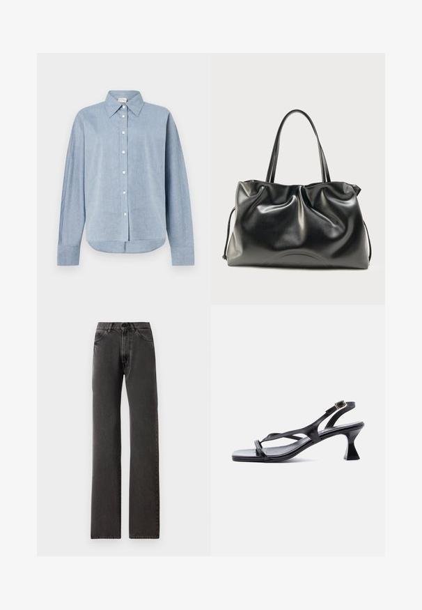 Lichtblauw overhemdd met lange mouwen, gemaakt van lichtgewicht stof, met een puntige kraag en een gebogen zoom. Klassieke knoopdetails.; Zwarte rechte jeans met voorzakken, riemlussen, knoopsluiting en zichtbare stitching op een witte achtergrond.; Zwarte lederen damessandaal met dunne riempjes, vierkante neus, verstelbare enkelgesp en uitgewerkte hak van gemiddelde hoogte.; Zwarte glanzende leren handtas met twee schouderbanden en een licht gerimpelde textuur, weergegeven tegen een effen lichte achtergrond.