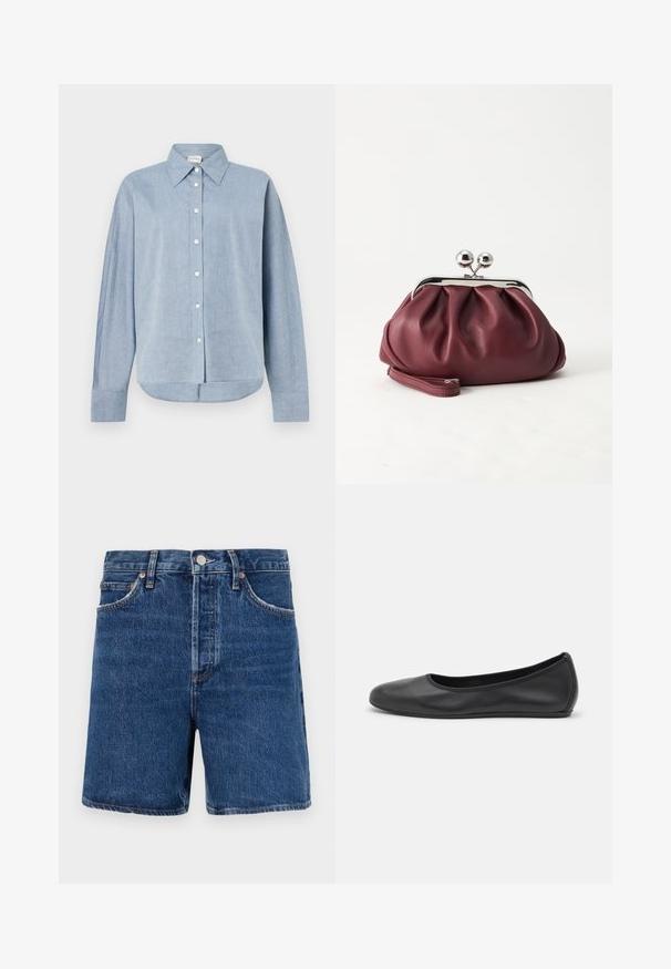 Heled sinine nööpidega särk kergest materjalist, millel on terav krae, pikad varrukad ja ringikujuline äär. Klassikalised nööbid.; Tumed sinised denim lühikesed püksid klassikalise lõikega, viie tasku, nööpkinnitus ja kontrastsed oranžid õmblused.; Musthave mustika tantsutossud mustast nahast, ümmarguse varbaga, siledast tekstuurist, minimaalse õmblusdetailiga ja paindliku tallakujundusega.; Väike burgundia värvi nahast käekott hõbedase metallist klambri ja randmerihmaga valgel taustal.