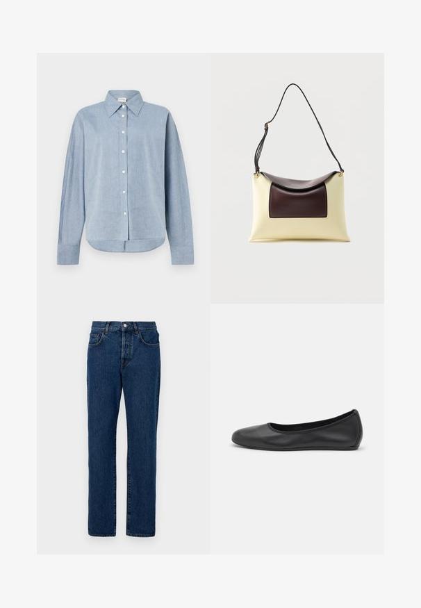 Lichtblauw overhemdd met lange mouwen, gemaakt van lichtgewicht stof, met een puntige kraag en een gebogen zoom. Klassieke knoopdetails.; Donkerblauwe denim jeans met een klassieke rechte pijp, vijf zakken en zichtbare stiksels. De stof heeft een lichte textuur.; Zwarte leren ballerina met een ronde neus, gladde textuur, minimale stikdetails en een flexibele zoolontwerp.; Crème- en donkerbruine leren schoudertas met gebogen flap en verstelbare zwarte riem op witte achtergrond.