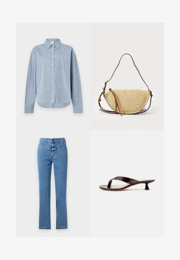 Lyseblå skjorte med knapper i let stof, der har spids krave, lange ærmer og en buet kant. Klassiske knapdetaljer.; Lysblå denimjeans med lige ben, høj talje og to forlommer. Har knaplukning og mærkegenkendelse nær kanten.; Brun skildpaddeskal kitten heel sandal med snorrestram og firkantet tå på en ensfarvet lys baggrund.; Vævet stråtask med en halvmåneform, der har en brun læderrem og accenter. Textureret, naturlig farve med glatte kanter.