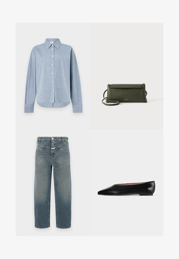 Lyseblå skjorte med knapper i let stof, der har spids krave, lange ærmer og en buet kant. Klassiske knapdetaljer.; CLOSED STOVER X - Jeans Tapered Fit - mid blue; Sort damesko i læder med flad hæl og spids tå, vist fra siden på en ensfarvet lys grå baggrund.; Mørkegrøn struktureret læder crossbody taske med klaplukning og tynd justerbar rem, præget med lille guld "Bee Projects" logo.