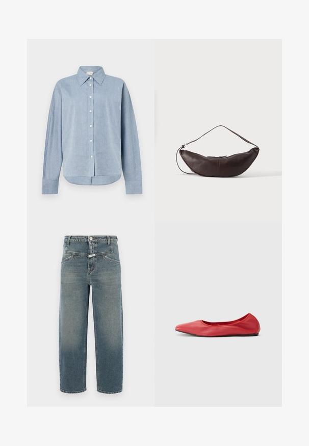 Lyseblå skjorte med knapper i let stof, der har spids krave, lange ærmer og en buet kant. Klassiske knapdetaljer.; CLOSED STOVER X - Jeans Tapered Fit - mid blue; Filippa K REY FLATS - Ballerinasko - bright red; Mørkebrun læder skuldertaske i halvmåneform med buet rem og synlige syninger på ensfarvet baggrund.