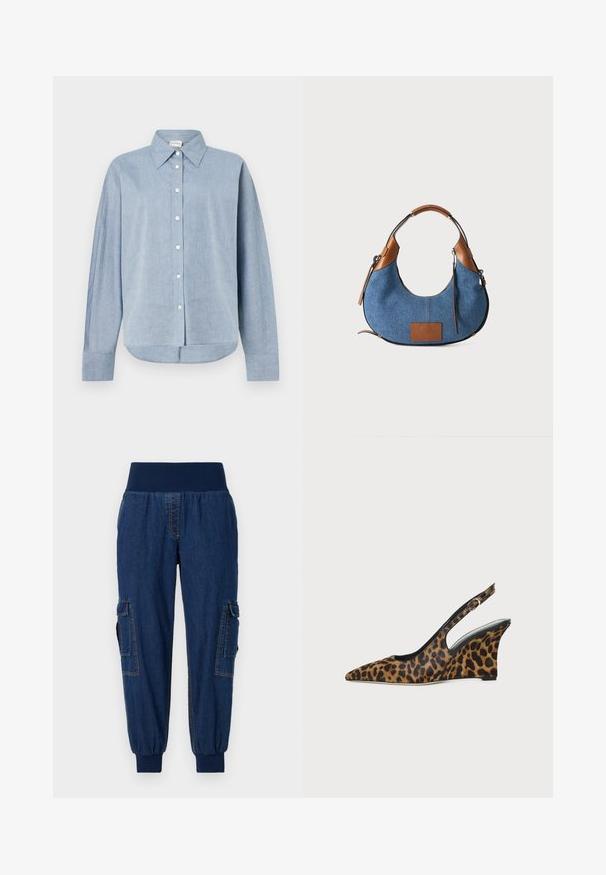 Lichtblauw overhemdd met lange mouwen, gemaakt van lichtgewicht stof, met een puntige kraag en een gebogen zoom. Klassieke knoopdetails.; Denim joggers met een brede elastische tailleband, twee zijvakken met klep en ribgebreide enkels; donkere blauwe kleur met contrasterende stiksels.; Damespuntige luipaardprint sleehak slingback schoen met gespsluiting op witte achtergrond.; Blauwe denim halve maantassen met bruine leren afwerking, handvat en kleine voorste patch, getoond op een effen lichte achtergrond.