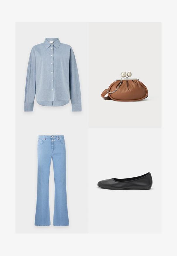 Lyseblå skjorte med knapper i let stof, der har spids krave, lange ærmer og en buet kant. Klassiske knapdetaljer.; Lyseblå udvidede jeans lavet af denim, med høj talje, fem lomme design og kontraststing. Glat tekstur med en ren overflade.; Sort læderballetsko med rund tå, glat tekstur, minimal syning og et fleksibelt såldesign.; Brun læder clutch-pung med sølv kugleklap og en lille sølv kædedetalje på en hvid baggrund.