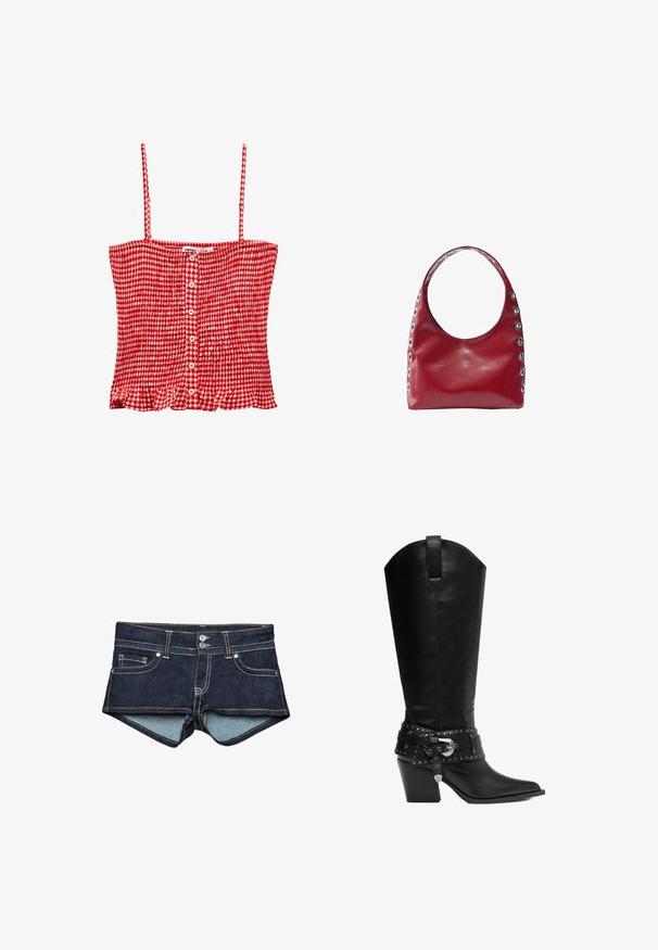 Top sans manches en vichy rouge et blanc avec fines bretelles et boutons sur le devant, avec un ourlet légèrement froncé.; Shorts en jean bleu foncé avec une doublure intérieure bleu clair, présentant des poches avant, deux boutons et une couture contrastée au niveau de la taille.; Botte de cowboy mi-mollet en cuir noir avec un bout pointu, un talon empilé et une sangle cloutée décorative avec une boucle argentée autour de la cheville.; Sac à bandoulière en cuir rouge avec large sangle et œillets métalliques argentés le long des côtés et de la sangle.