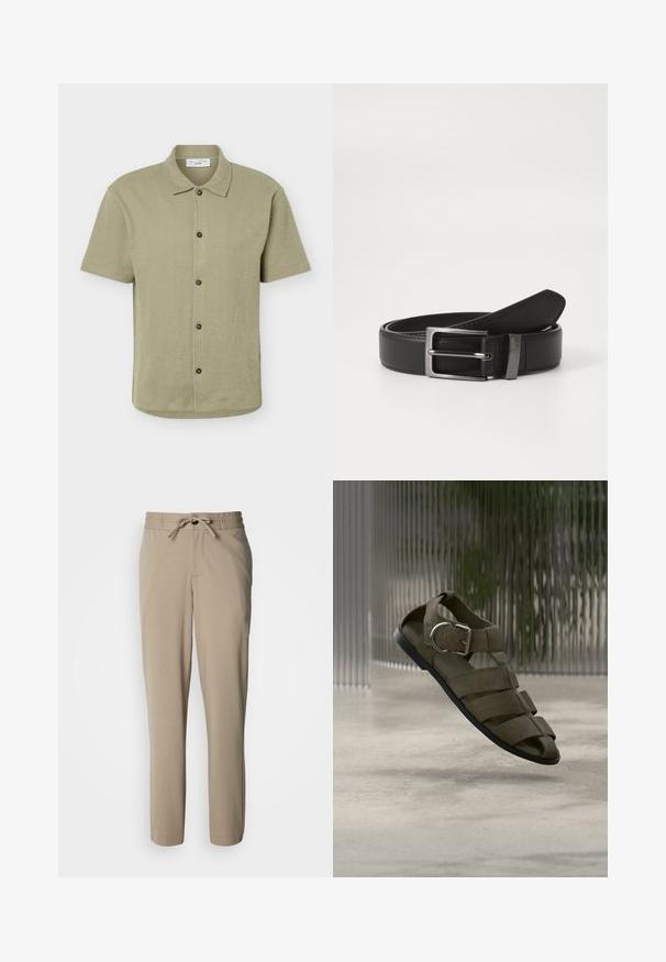 Chemise à manches courtes boutonnée vert olive clair avec un col classique et cinq boutons foncés sur le devant.; Pantalon beige en tissu doux, doté d'une taille à cordon de serrage et d'une coupe décontractée, avec des jambes droites et sans poches visibles.; Sandale en cuir marron avec plusieurs brides et une boucle argentée, présentée sur un fond en verre texturé flou sur un sol lisse.; Ceinture en cuir noir avec une boucle en métal argenté, présentant une finition lisse et un design classique. La ceinture est soigneusement pliée.