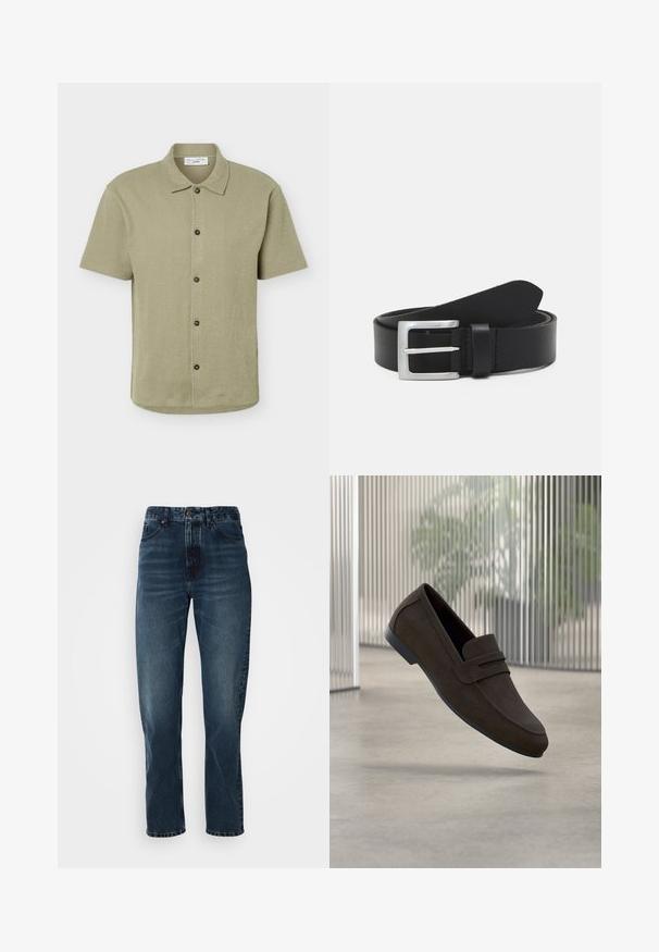 Camisa de manga corta con botones en verde oliva claro, con cuello clásico y cinco botones oscuros en la parte delantera.; Jeans de pierna recta azul oscuro con cierre frontal de botón y cremallera, diseño de cinco bolsillos y un ligero desgaste en los muslos y las rodillas.; Mocasines de ante marrón con un diseño elegante, que presentan una correa en la parte superior, punta redondeada y una suela de goma plana.; Cinturón de cuero negro con una textura lisa, hebilla rectangular de plata y un lazo para el extremo. Presenta una costura ordenada a lo largo de los bordes.