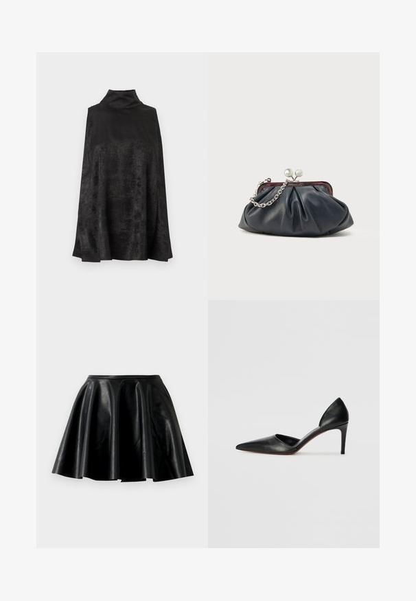 Sort poncho med høj krave, lavet af blød, tekstureret stof. Har et svingende design og er knælængde med en let glans.; Sort læder nederdel i flare-stil med en glat tekstur, bred kant og en tætsiddende talje. Overfladen har en subtil glans og ingen synlige dekorationer.; Sorte læder højhælede pumps med spidse tæer, åbne sider og en slank silhuet. Har en tynd hæl og rød sål som accent.; Marineblå læderclutch med opsamlet design, sølvkæde og lukning med knips. Glat tekstur med en diskret glans.