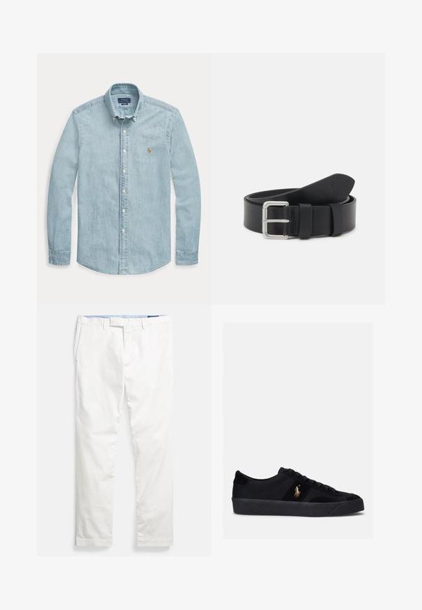 Hele sinine pikkade varrukatega teksasärk, nööpidega allapoole käiv krae, valged nupud ja väike tikitud Polo Ralph Laureni logo rinnal.; Valged puuvillased chinos-püksid, millel on lame eesmine osa, vööaasad, küljetaskud ja sile tekstuur, sinise sisemise vöörihmaga.; Mustavad tossud, mille pealsel on kangas ja nahaefekt, ümar varvas, lame kummist tald ja tikitud logo küljel. Sidumisdisain kuue silmadega.; Must mustrihaga mustriga hõbedase metallist pandlaga. Omab siledat tekstuuri ja reguleerimiskonksu suuruse kohandamiseks. Klassikaline disain ilma kaunistusteta.