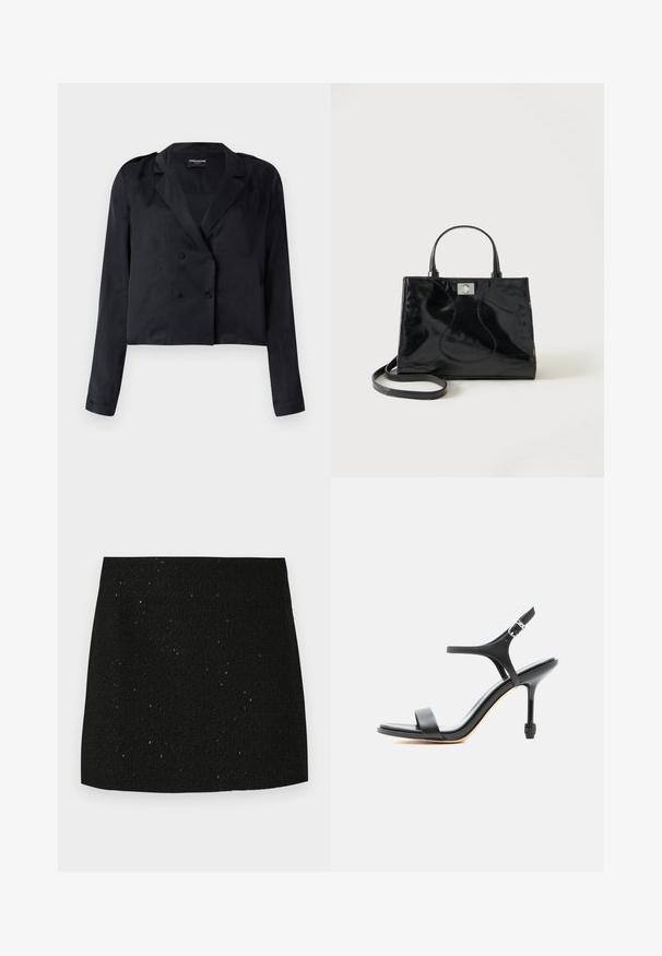 Sort croppet blazer med satinfinish, dobbeltradede knapper, hakket krave og lange ærmer. Har en glat tekstur og et minimalistisk design.; Sort struktureret mini nederdel med subtile glitrende prikker, lige snit, og uden synlige dekorationer eller mønstre.; Sort læder sandal med høje hæle, tynde stropper, åben tå og justerbar ankelspænde, vist mod en ensartet hvid baggrund.; Sort håndtaske i laklæder med afrundede håndtag, aftagelig skulderrem og sølvspænde på ensartet hvid baggrund.