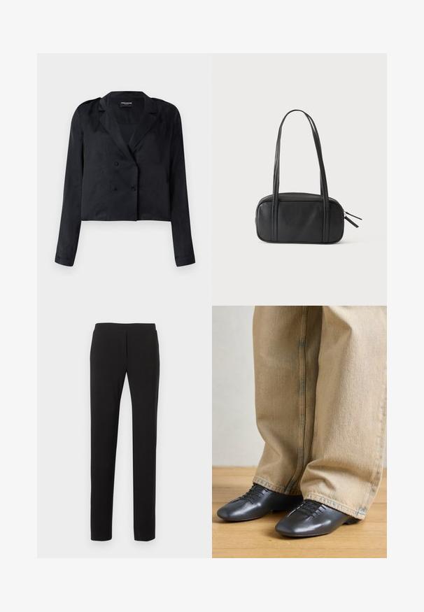 Sort croppet blazer med satinfinish, dobbeltradede knapper, hakket krave og lange ærmer. Har en glat tekstur og et minimalistisk design.; Sorte slanke bukser med flad front og uden synlige lommer, vist mod en hvid baggrund.; Sorte lædersko med en glat tekstur, lav profil og snørebånd, parret med løst, lysbeige denimbukser.; Sort rektangulær skuldertaske med to lange håndtag og dobbelt lynlås på højre side, sat mod en ensartet lys baggrund.