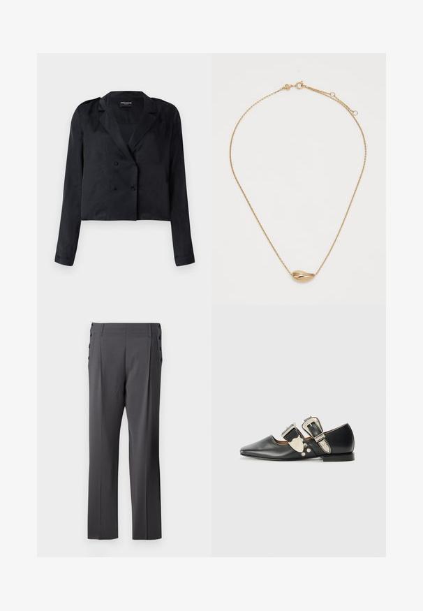 Sort croppet blazer med satinfinish, dobbeltradede knapper, hakket krave og lange ærmer. Har en glat tekstur og et minimalistisk design.; Grå skræddersyede bukser med lige ben, frontfolder og dekorative sidelommer for ekstra detalje. Glat stofstruktur.; Sorte læder flade sko med spidse tå, sølv spænde detaljer og dekorative nitter. Har en lav hæl og glat tekstur.; Guldvedhængs halskæde med et buet, skaller-lignende design fastgjort til en fin, delikat kæde. Har en hummerlås til lukning.