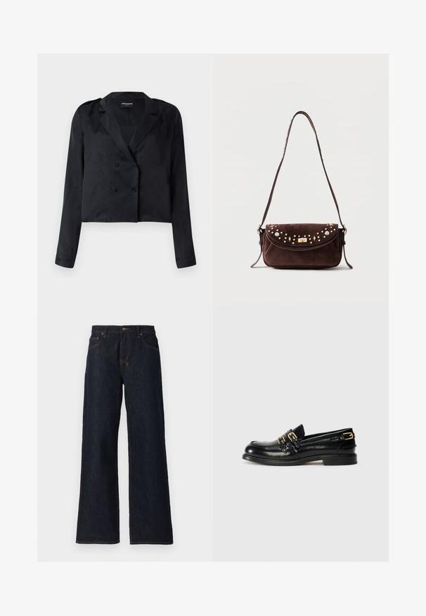 Sort croppet blazer med satinfinish, dobbeltradede knapper, hakket krave og lange ærmer. Har en glat tekstur og et minimalistisk design.; Mørkeblå vidde jeans lavet af denim, med orange syninger, to frontlommer og en knaplukning i taljen.; Sorte læder loafers med en blank finish, der har to guldspænder og en lav hæl. Glat tekstur med rund tådesign.; Mørkebrun skuldertaske i ruskind med klap, guldfarvet drejelås og dekorative guldbelagte og sølvfarvede nittepynt.
