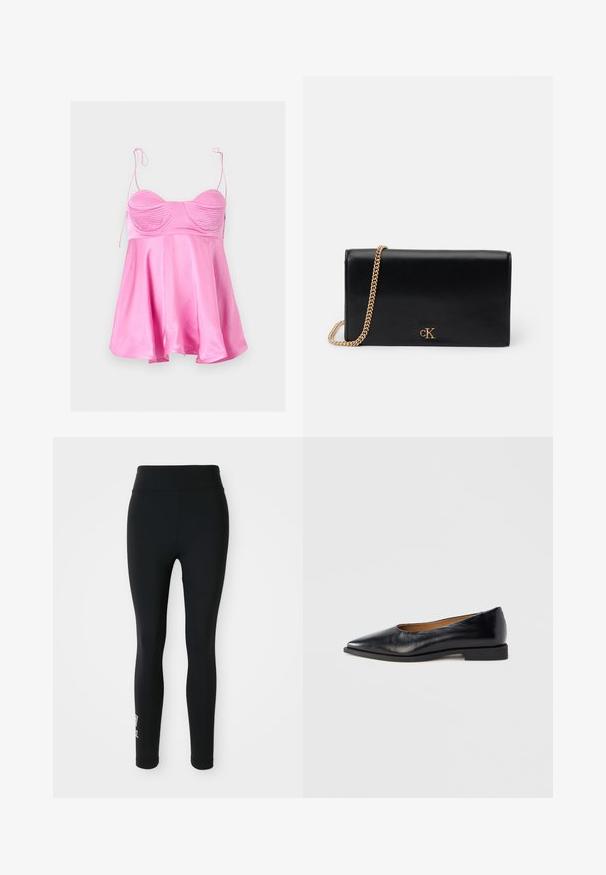 Rosa Satin-Camisole mit gerafften Cups, ausgestelltem Saum und dünnen verstellbaren Schulterträgern, die zu Schleifen gebunden sind.; Schwarze Leggings aus dehnbarem Material, mit einem hohen Bund und einem kleinen aufgedruckten Logo an einem Bein. Glatte Textur, figurbetonter Schnitt.; Schwarzer Lederflachschuh mit spitz zulaufender Zehe und niedrigem, quadratischem Absatz. Glatte Textur, minimalistisches Design, ohne sichtbare Beschläge oder Muster.; Schwarze Leder-Clutch mit goldener Kettenriemen, rechteckige Form, mit einem metallischen Logo auf der Vorderseite. Glatte Textur, minimalistisches Design.