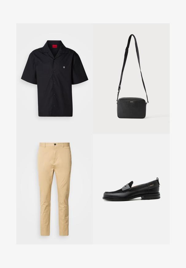 Camisa negra de manga corta hecha de algodón. Cuenta con un collar puntiagudo, cierre frontal de botones y un pequeño logo en el lado izquierdo del pecho. Textura suave.; Chinos beige de algodón con una textura suave. Incluyen un cierre de botón, pasadores para cinturón y se estrechan hacia el tobillo.; Mocasín de cuero negro con detalle de tira gris, tacón bajo y suela texturizada, con la marca "HUGO" en oro en el lateral.; Bolso bandolera rectangular negro con correa ajustable y logo BOSS en la parte delantera, sobre un fondo claro liso.