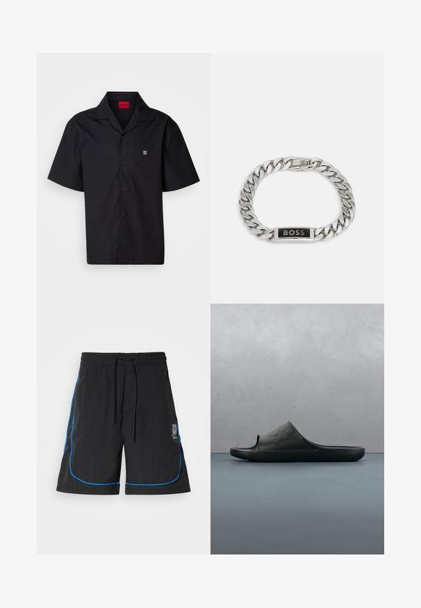 Zwart katoen shirt met korte mouwen. Heeft een puntige kraag, een knoopsluiting aan de voorkant en een klein logo op de linkerborst. Glad textuur.; Zwarte zwembroek met een trekkoord in de taille, voorzien van blauwe piping langs de naden en een logo op het linkerdij. Lichtgewicht stof.; Zwarte rubberen slidesandaal met een open teen, een getextureerde voetbed en het geperste logo "BOS". Gezet tegen een achtergrond van houten tegels en grind.; BOSS KASSY EMBLEM - Armband - silver-coloured