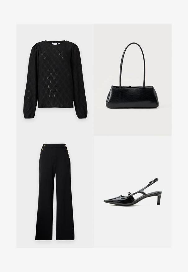Blusa negra de manga larga con cuello redondo, delicada bordado de ojales y mangas ligeramente abullonadas con puños elásticos.; Pantalones de pierna ancha de talle alto en negro con botones dorados en la parte delantera y bolsillos en ambas caderas sobre un fondo blanco.; Zapato slingback de charol negro con punta puntiaguda, tacón bajo y dos correas ajustables con hebillas, mostrado de perfil lateral.; Bolso de hombro rectangular negro con correas largas y delgadas y una textura lisa y brillante sobre un fondo liso.