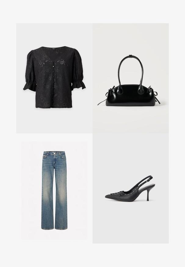 Schwarze florale Spitzenbluse mit gepufften 3/4-Ärmeln, gerafften Manschetten, V-Ausschnitt und vorderer Knopfleiste mit stoffbezogenen Knöpfen.; Hellblaue Denim-Breite-Jeans mit einer verblassten Textur, fünf Taschen, einem Knopfverschluss und Kontrastnähten entlang der Nähte.; Schwarzer Leder-Slingback-Stiletto mit spitzem Zehenaufsatz, seitlichem Schnallenriemen, Nieten entlang der Kante und dekorativer Schnürung vorne.; Kleine schwarze glänzende Handtasche mit zwei langen Griffen und seitlichen Kordelzug-Details vor einfachem hellem Hintergrund.