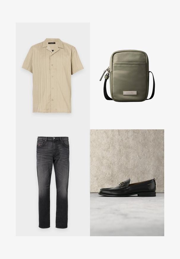 Kortærmet beige skjorte med lodret ribbet struktur, krave-design, knaplukning og en afslappet pasform.; Sorte denim jeans med lige ben, fem lommer, subtil falming og et lille rødt stofmærke på forlommen.; Sort læderloafers med guldfarvet metaldekoration og "HUGO" branding, vist mod en beige tæppe og brunt gennemsigtigt møbel.; Kompakt korsbodytaske i olivengrøn med forlomme, sort justerbar rem, lynlåslukning og Calvin Klein logo-plakette.