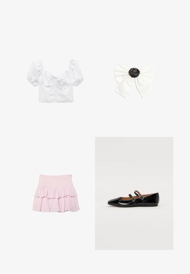 Hvid cropped bluse med pufærmer, knaplukning foran og elastiske sømme. Glat stof med et tætsiddende liv.; Lyserød lagdelt nederdel med bred, smocket taljebånd og flæselag, velegnet til hverdag.; Sort laklæderballetsko med spids tå, to justerbare remme med spænder og en flad sål. Glat tekstur med en blank finish.; Hvid stofsløjfe med en sort roset i midten pyntet med små sølvperler på en ensartet hvid baggrund.
