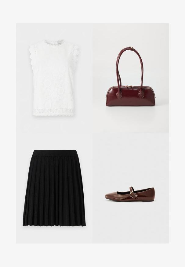 Witte mouwloze kanten blouse met bloemenpatronen, gegolfde randen aan de mouwen en zoom, en een ronde halslijn.; Vero Moda Knitted VMMARINA Short - Minirok - black; Bruine gepatineerde leren balletschoen met een vierkante neus en een bandje met een kleine gouden gesp. Gladde textuur, lage hak en minimalistisch ontwerp.; Bordeaux leren handtas met een gebogen vorm, dubbele handvatten, ritssluiting en subtiele stiksels. Gladde, hoogglanzende afwerking.
