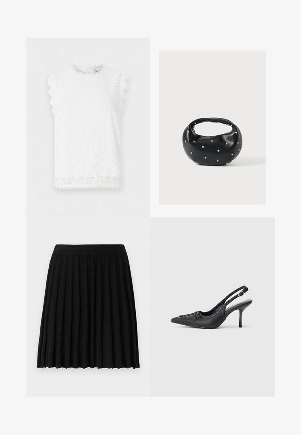 Witte mouwloze kanten blouse met bloemenpatronen, gegolfde randen aan de mouwen en zoom, en een ronde halslijn.; Vero Moda Knitted VMMARINA Short - Minirok - black; Zwarte leren slingback stiletto met spitse neus, zijgesp met gesp, studs langs de rand en decoratieve veters aan de voorkant.; Zwarte leren handtas met een afgeronde vorm, versierd met zilveren studs, en een korte handgreep. Gladde textuur en ritsluiting.