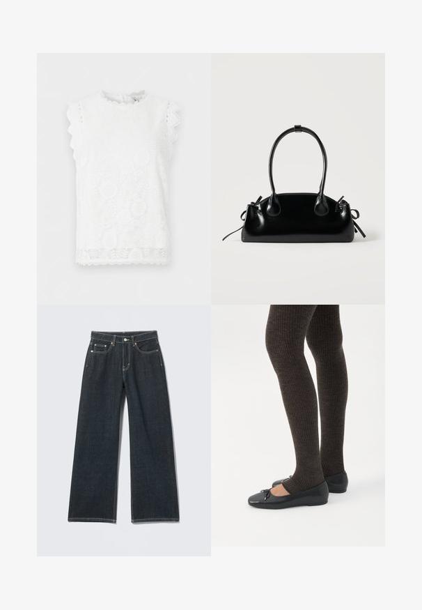 Witte mouwloze kanten blouse met bloemenpatronen, gegolfde randen aan de mouwen en zoom, en een ronde halslijn.; Donkerblauwe jeans met wijde pijpen, knoopsluiting aan de voorkant, rits, lussens voor riem en vijf zakken, tegen een lichte effen achtergrond.; Benen met donkere geribbelde leggings gecombineerd met zwarte ballerina's met kleine strikdetails op een witte achtergrond.; Kleine zwarte glanzende handtas met twee lange hengsels en zijkant trekkoord details op een effen lichte achtergrond.