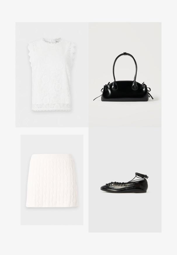 Blouse blanche sans manches en dentelle avec motifs floraux, bords festonnés sur les manches et l'ourlet, et un col rond.; Mini-jupe blanche en maille avec motif torsadé et taille élastique sur fond uni.; Ballerines en cuir verni noir avec un bout rond, un design à lacets et une semelle plate. Texture lisse avec peu de détails.; Petit sac à main noir brillant avec deux longues anses et des détails à cordon sur les côtés sur un fond clair uni.