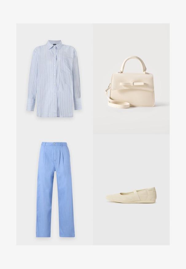 Chemise à boutons rayée bleue en coton léger, avec des rayures verticales blanches et fines rayures dorées, une poche poitrine et des manches longues.; Pantalons en lin bleu clair avec une finition plissée à l'avant, taille haute et coupe droite. Présente une fermeture à bouton à la taille.; Ballerines beiges avec une exterior en cuir lisse, un bout en forme d'amande et une sangle élastique sur le coup de pied, avec des détails de couture subtils.; Petit sac à main beige avec poignée supérieure, bandoulière amovible, rabat avant et nœud horizontal décoratif sur un fond uni.