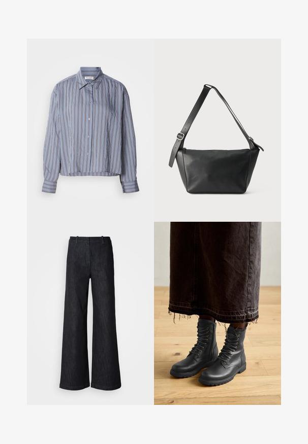 Lyseblå, cropped skjorte med knapper, der har lodrette striber i mørkere blå og hvid. Den har en krave og lange ærmer med manchetter.; Sorte viddebenede denimbukser med en tekstureret finish, udstyret med bæltestropper og en ren kant. Klassisk design, velegnet til forskellige lejligheder.; Sorte læder snørebåndstøvler med tekstureret overflade, midt på læggen, rundet tå og robust sål, parret med en mørk, frynset denimnederdel.; Sort læder skuldertaske med bred justerbar rem og sølvspænde, vist mod en ensfarvet lys baggrund.