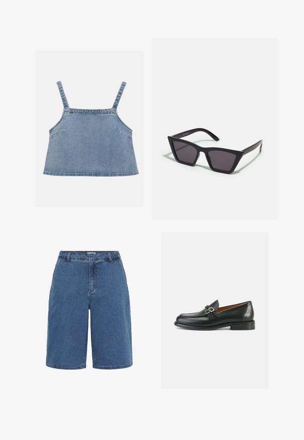 Sinine teksast lühike ülemine osa reguleeritavate riiete, sirge lõike, juhusliku disaini ning iga külje peenete taskutega.; Sinised pesu denim lühikesed püksid klassikalise lõikega, viie taskuga ja kontrastõmblustega ühendustes. Keskmise kõrgusega vöökoht ja sirged sääred.; Mustad nahast loafersid õmblustega, kahekordse pandla ja veidi kõrgendatud kontsaga, mis lisab kõrgust.; Mustad mustrakellad, millel on hallid šabloonid; valmistatud plastist, paksude ja siledate kätega, ilma nähtava riistvarata.