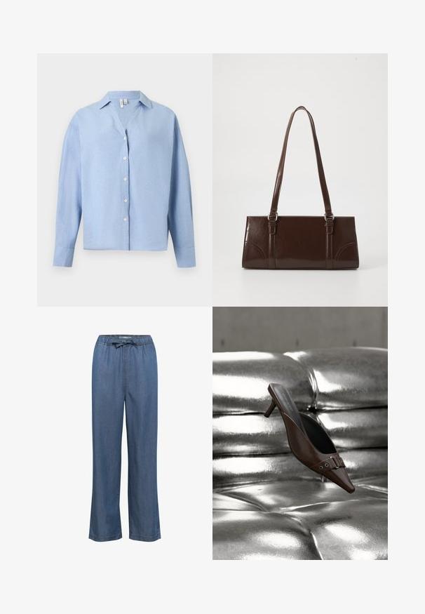 Lichtblauw overhemd met lange mouwen, knopen en een kraag, weergegeven op een effen achtergrond.; Lange denim broek met wijde pijpen in een gemiddelde blauwe tint, voorzien van een elastische tailleband met een verstelbaar trekkoord en een rechte snit voor een comfortabele pasvorm.; Bruine mule met hoge hak en puntige neus, voorzien van gespsdetail, zwevend boven een glanzend zilveren, getufte leren oppervlak.; Bruine lakleren handtas met een rechthoekige vorm, twee lange handvatten en subtiele gebogen accenten aan de voorkant.