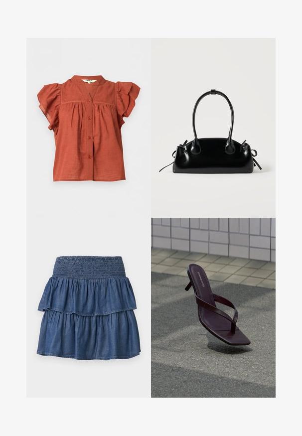 Blouse courte à manches courtes de couleur rouille avec fermeture boutonnée à l’avant, manches volantées et col rond avec un petit décolleté en V.; Jupe en jean bleue à volants avec une large ceinture smockée et deux couches froncées sur un fond uni.; Sandale à talon brun foncé avec bout carré et fines brides flottant au-dessus d’un pavement texturé près d’un mur carrelé.; Petit sac à main noir brillant avec deux longues anses et des détails à cordon sur les côtés sur un fond clair uni.
