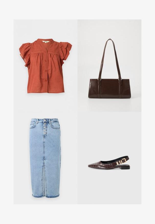 Blouse courte à manches courtes de couleur rouille avec fermeture boutonnée à l’avant, manches volantées et col rond avec un petit décolleté en V.; Jupe midi en denim bleu clair avec fermeture à boutons sur le devant, fente avant, passants pour ceinture et deux poches avant.; RAID RUCHI - Ballerines - brown; Sac à main en cuir verni marron de forme rectangulaire, avec deux longues poignées et des accents courbés subtils à l'avant.