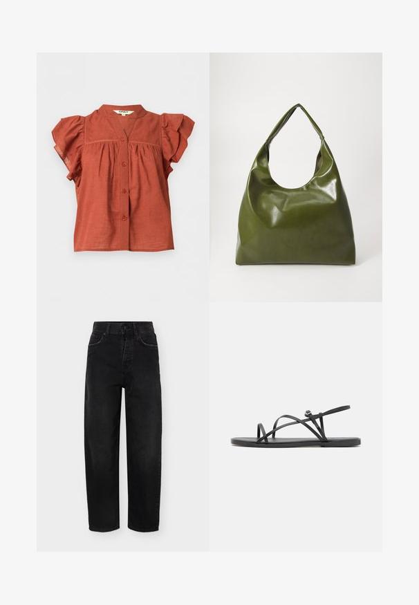 Blouse courte à manches courtes de couleur rouille avec fermeture boutonnée à l’avant, manches volantées et col rond avec un petit décolleté en V.; Jean noir taille haute à jambes droites avec braguette à boutons, poches avant et arrière, et passants pour ceinture, présenté sur un fond uni.; Sandales plates noires avec de fines brides croisées, design à bout ouvert et semelle minimaliste. Comprend un petit détail de boucle pour l'ajustement.; Sac hobo en cuir vert au design décontracté, avec une poignée incurvée et une texture lisse. Ne contient aucun matériel ou accent visible.