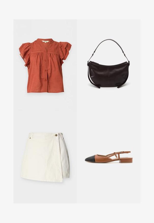 Blouse courte à manches courtes de couleur rouille avec fermeture boutonnée à l’avant, manches volantées et col rond avec un petit décolleté en V.; Mini-jupe en denim blanc avec devant style portefeuille, passants pour ceinture et fermeture à bouton métallique sur la taille.; Steve Madden BELINDA - Ballerines à brides arrière - brown/black; Sac à épaule en cuir marron foncé avec une forme courbe, texture lisse et une seule sangle réglable. Doté d'une fermeture éclair.