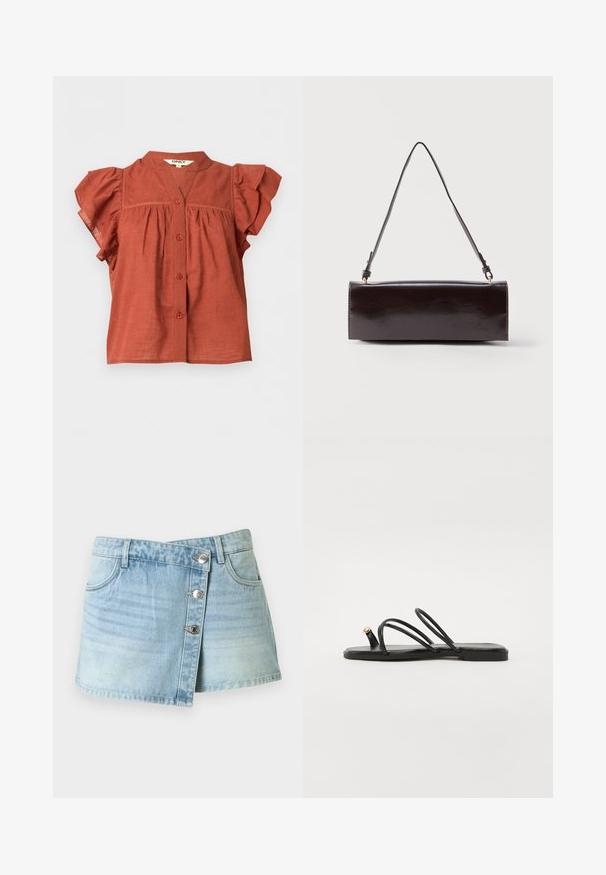 Blouse courte à manches courtes de couleur rouille avec fermeture boutonnée à l’avant, manches volantées et col rond avec un petit décolleté en V.; Mini-jupe en denim bleu clair avec fermeture à boutons sur le devant, deux poches avant et passants de ceinture, présentée sur un fond uni.; Call it Spring LUNAROSE - Sandales tongs - black; Sac à main rectangulaire en cuir noir avec une longue bandoulière unique et une finition brillante, présenté sur un fond blanc uni.