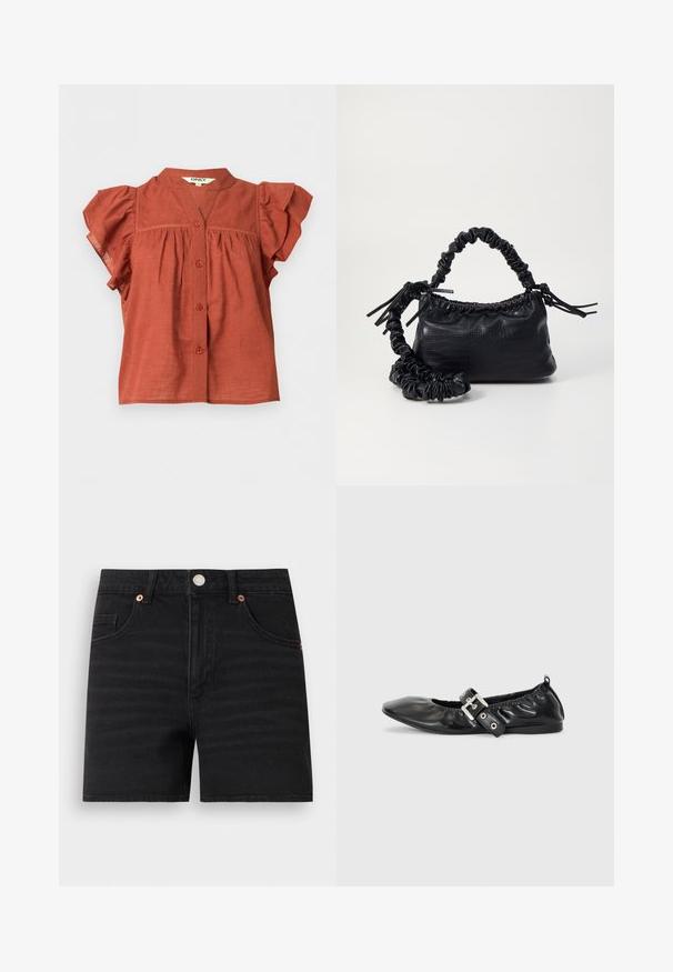 Blusa de manga corta color óxido con cierre de botones en la parte delantera, mangas con volantes y cuello redondo con un pequeño escote en forma de V.; Pantalones cortos de denim negro con cierre de botones en la parte delantera, trabillas para cinturón, dos bolsillos delanteros y un pequeño bolsillo para monedas, mostrados planos sobre un fondo blanco.; Zapato plano de piel negra con puntera afilada, detalle fruncido alrededor de la abertura y un acento de hebilla plateada en la correa ajustable.; Bolso de mano de imitación cuero negro con textura de cocodrilo, parte superior fruncida y correa arrugada. Presenta un diseño suave y compacto.