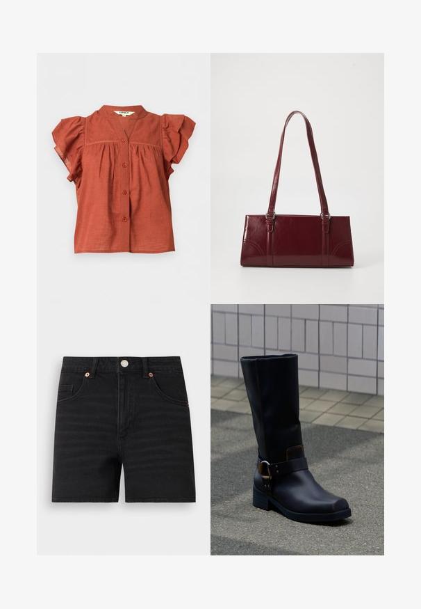 Rostfarbene kurzärmelige Bluse mit durchgehendem Knopfverschluss, gerafften Ärmeln und rundem Kragen mit kleinem V-förmigem Ausschnitt.; Schwarze Denim-Shorts mit vorne liegendem Knopfverschluss, Gürtelschlaufen, zwei vorderen Taschen und einer kleinen Münztasche, flach auf weißem Hintergrund.; Schwarzer Lederstiefel bis zur Mitte der Wade mit niedrigem Absatz und dekorativem Riemen mit Metallschnalle, stehend auf einer grau gepflasterten Oberfläche nahe einer gefliesten Wand.; Burgunderfarbene Handtasche aus glänzendem Material, rechteckige Form, mit zwei Schulterriemen und subtilen, geschwungenen Akzenten an der Vorderseite.