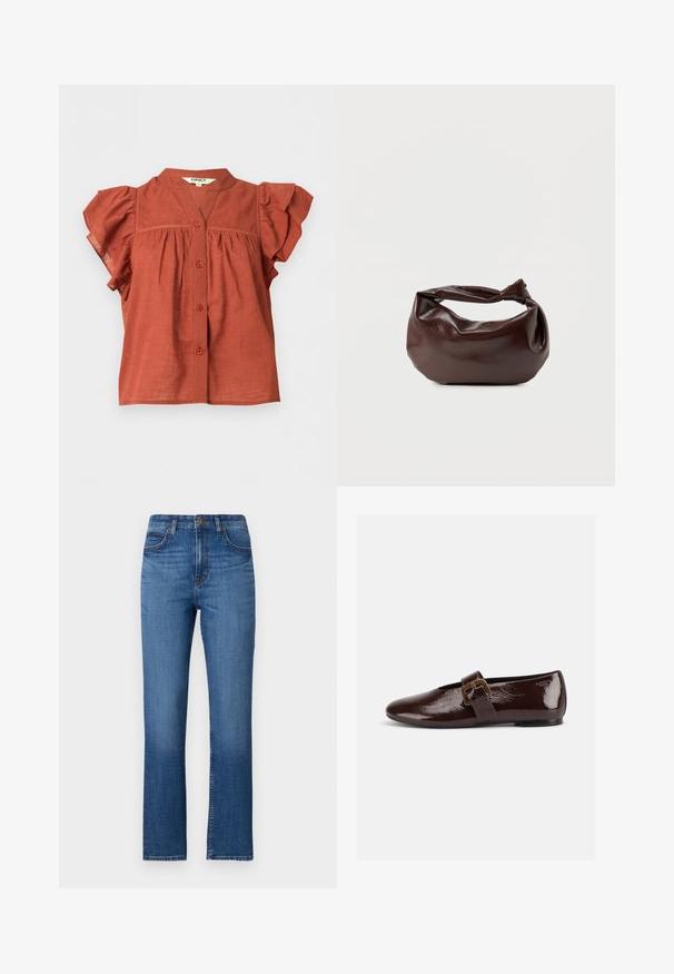 Blouse met korte mouwen in roestkleur met knoopsluiting aan de voorkant, geplooide mouwen en een ronde kraag met een kleine V-vormige halslijn.; Blauw denim jeans met een rechte pasvorm, hoge taille, vijf zakken en subtiele stiksels langs de naden. Glad oppervlak.; Donkerbruine lakleren platte schoen met een grote gouden gesp en een afgeronde teen, zijaanzicht op een witte achtergrond.; Donkerbruine leren schoudertas met een zachte, slungelige vorm en een gedraaide knoopvormige handgreep op een effen witte achtergrond.