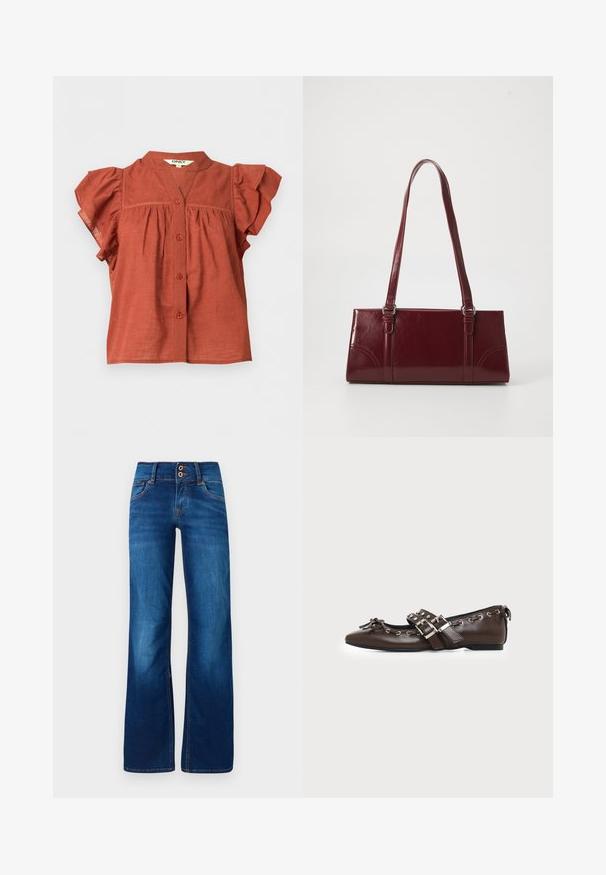 Blusa de manga corta color óxido con cierre de botones en la parte delantera, mangas con volantes y cuello redondo con un pequeño escote en forma de V.; Jeans de pernera ancha en denim azul, con dos botones frontales, costuras naranjas y una textura suave. Diseño clásico de cinco bolsillos.; Zapato plano de cuero marrón oscuro con puntera puntiaguda, doble hebilla plateada, ojales metálicos y lazo decorativo en la parte delantera.; Bolso burdeos hecho de material brillante, de forma rectangular, con dos asas para el hombro y sutiles acentos curvados en la parte frontal.