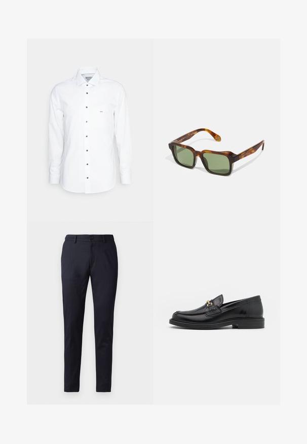 Michael Kors SHIRT - Camisa - white; Pantalones marinos de tela suave, con un corte ajustado, lazos para cinturón y un cierre de botón único. Piernas rectas con pliegues sutiles.; Mocasines de cuero negro con punta redondeada, que cuentan con un detalle de herrajes dorados y costuras, situados sobre una suela de goma texturizada y baja.; Gafas de sol cuadradas con montura de carey, lentes verdes y brazos gruesos. Presentan esquinas afiladas y una textura brillante. Ajuste ajustable.