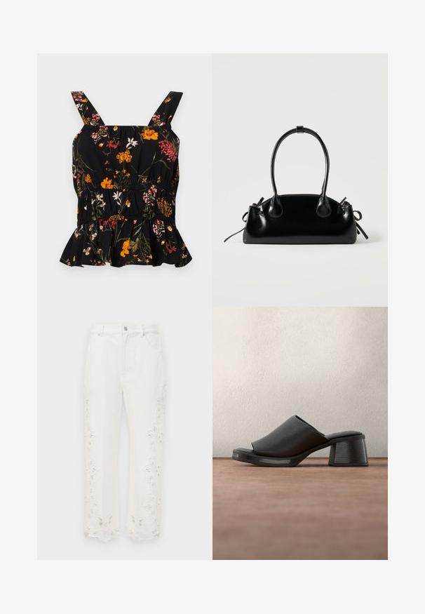 Top peplum negro con flores y tirantes ajustables; presenta un estampado floral colorido en rosa y amarillo, cintura fruncida y un dobladillo con volantes.; Pantalones blancos cortos con detalles de corte floral a lo largo de los dobladillos. Hechos de una tela texturizada, cuentan con cinco bolsillos y un cierre de botón en la parte delantera.; Sandalia mule negra de punta abierta con tacón ancho y parte superior de cuero texturizado, suspendida sobre una superficie gris con un fondo oscuro desenfocado.; Pequeño bolso negro brillante con dos asas largas y detalles de cordón lateral sobre un fondo claro liso.